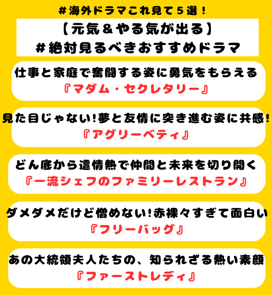 【女性におすすめ】やる気が出る海外ドラマ絶対見るべき厳選5選を画像で分かりやすく解説！
マダム・セクレタリー/ Madam Secretary
アグリーベティ/UGLY BETTY
一流シェフのファミリーレストラン/the Bear
フリーバッグ/Fleabag
ファーストレディ/The First Lady