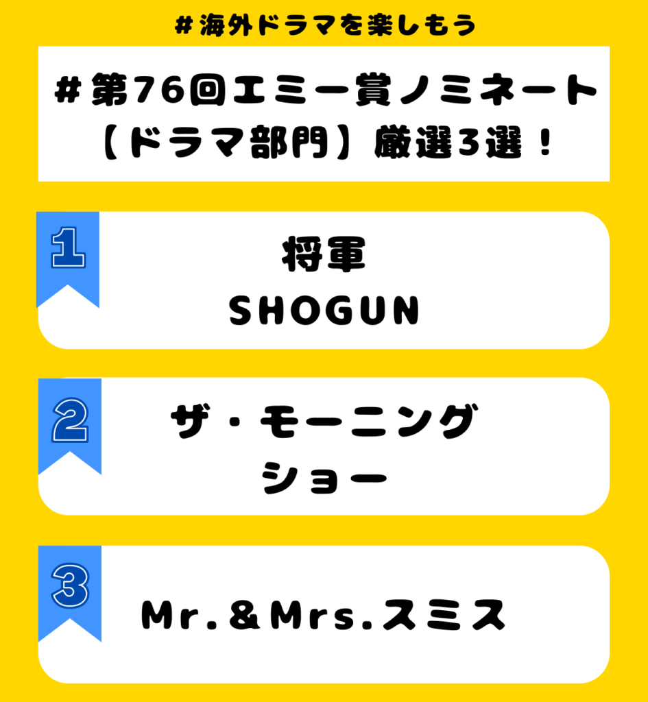 2024年エミー賞ノミネート作品【ドラマ部門】個人的に特に注目厳選3選！
将軍/SHOGUN
ザ・モーニングショー
Mr.＆Mrs.スミス