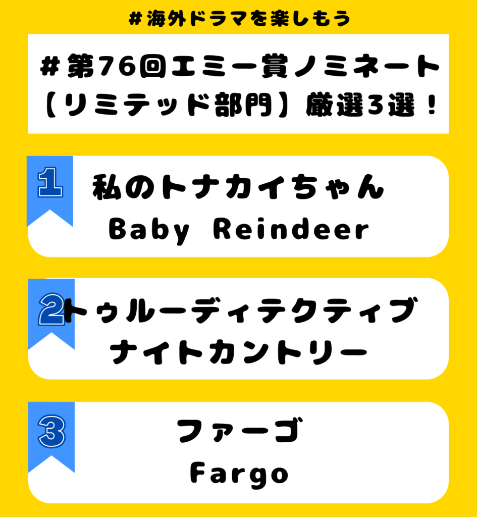 2024年エミー賞ノミネート作品【ドラマ部門】個人的に私が注目している厳選3選！
私のトナカイちゃん/Baby Reindeer
トゥルーディテクティブナイトカントリー
ファーゴ/Fargo

