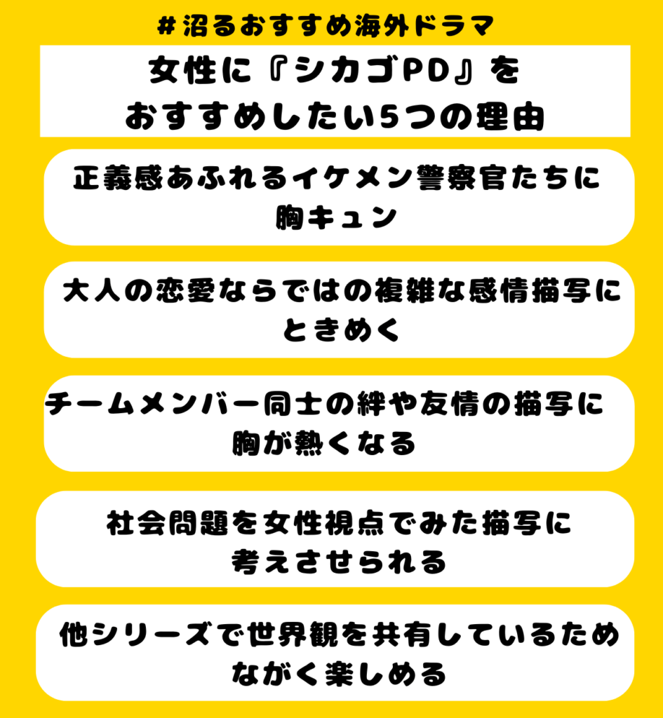 『シカゴPD』の隠れた魅力♡女性の心を射抜く5つの理由
①正義感あふれるイケメン警察官たちに胸キュン
②大人の恋愛ならではの複雑な感情描写にときめく
③チームメンバー同士の絆や友情の描写に胸が熱くなる
④社会問題を女性視点でみた描写に考えさせられる
⑤他シリーズでも世界観を共有しているため長く楽しめる