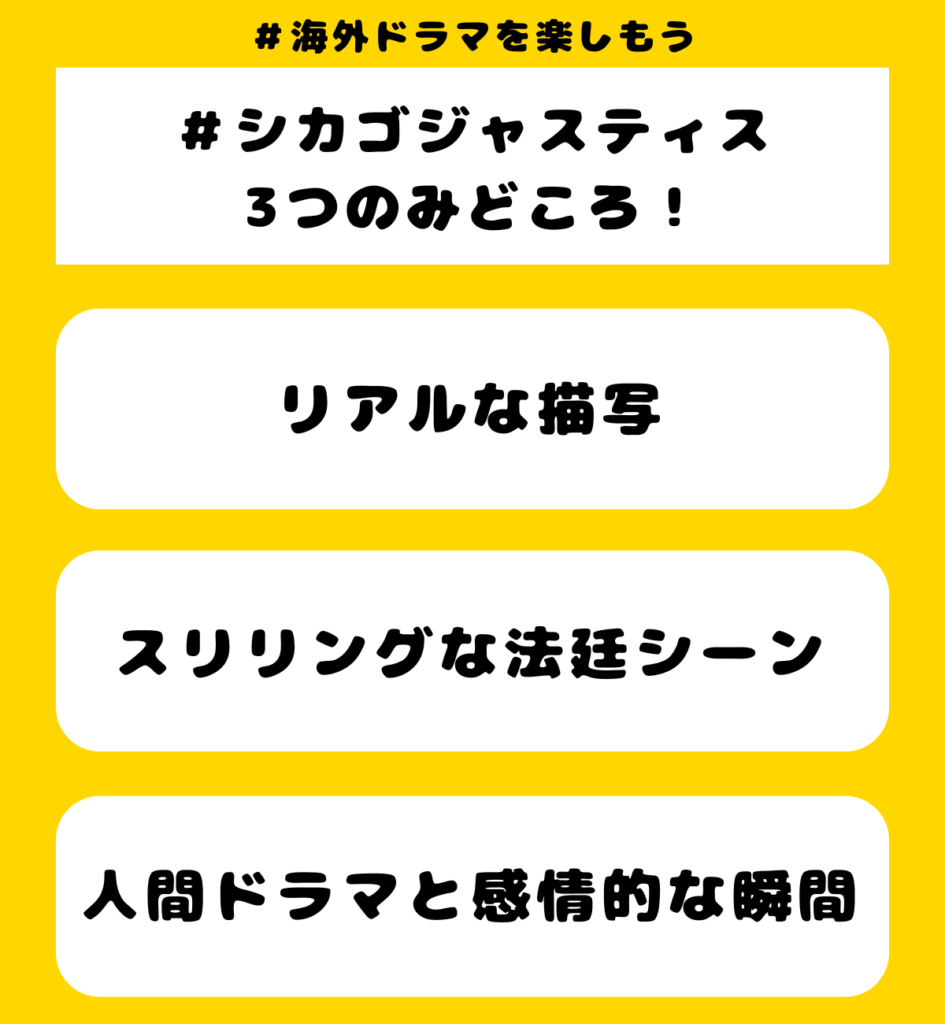 ドラマ『シカゴジャスティス』の3つのみどころ
1.リアルな描写
2.スリリングな法廷シーン
3.人間ドラマと感動的な瞬間